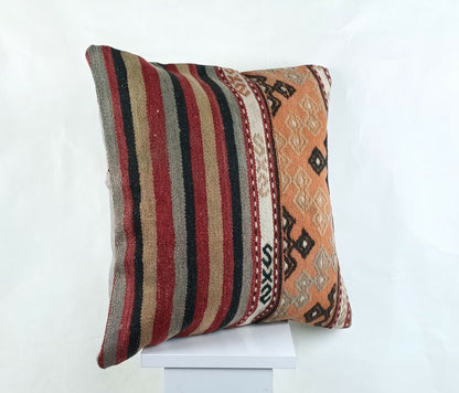 Kilim Pillow Cover 18x18 Handmade Turkish Ethnic Vintage Lumbar Cushion A1415