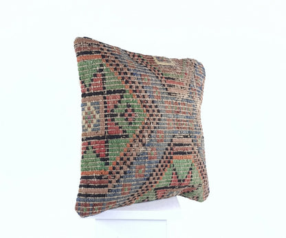  Turkish Kilim Pillow Cover 16x16 Home Decorative Wool Handmade Rug Cushion A508