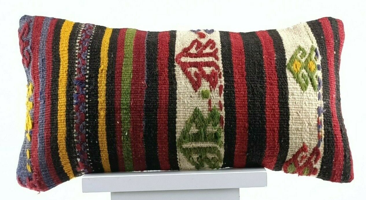 Kilim Pillow Cover 8x16 in Handmade Turkish Traditional Ottoman Boho Lumbar E724