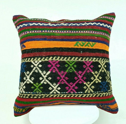 Kilim Pillow Cover 24x24 Traditional Turkish Handmade Wool Lumbar Cushion E652