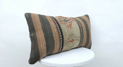 Kilim Pillow Cover 10x20 Handmade Vintage Oushak Rug Ottoman Lumbar Cushion E435