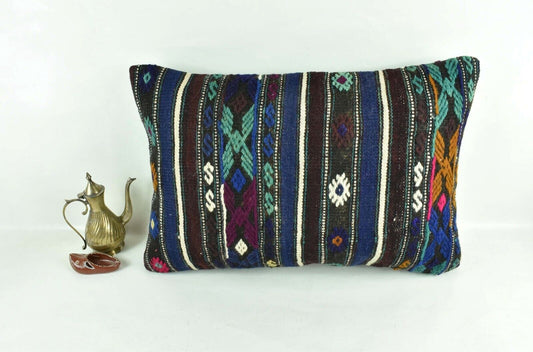 Kilim Pillow Cover 16x24 Tribal Vintage Turkish Carpet Lumbar Pillow Cover 3115