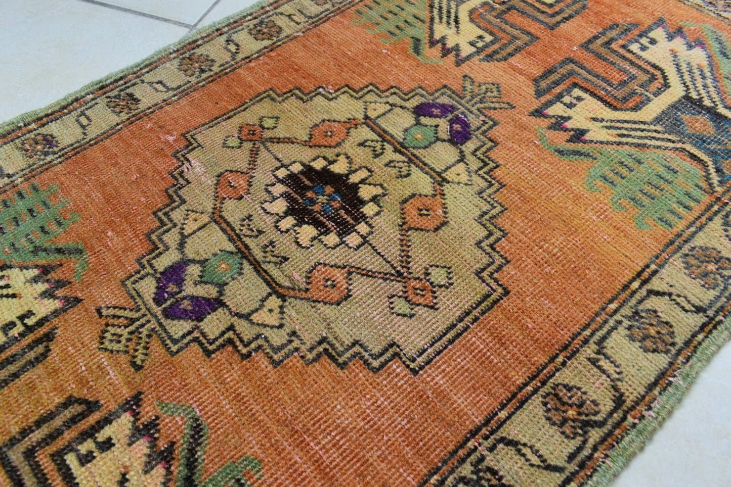 Turkish Runner 3.3x1.6 ft Vintage Small Rug Oushak Runner Anatolian Mini Rug Y65