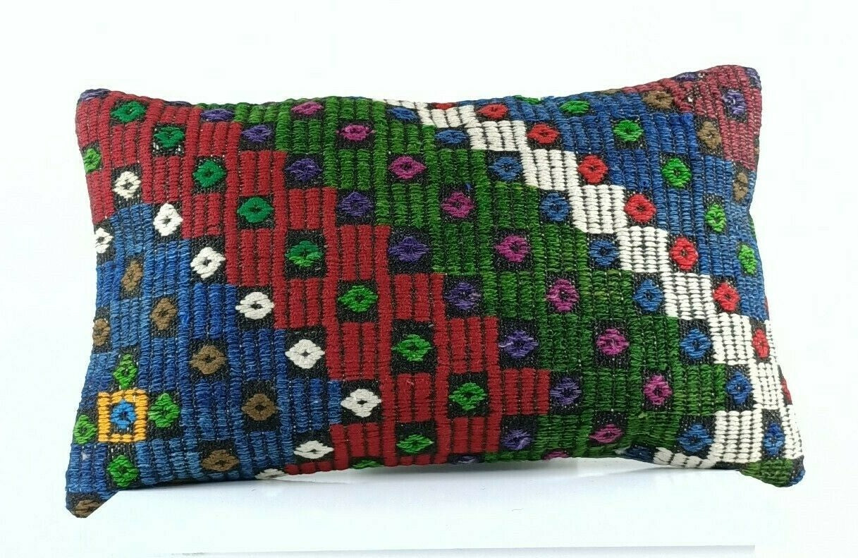 Kilim Pillow Cover 12x20 Handmade Turkish Rug Boho Ethnic Lumbar Cushion E1076