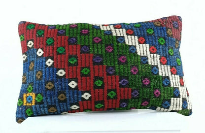 Kilim Pillow Cover 12x20 Handmade Turkish Rug Boho Ethnic Lumbar Cushion E1076