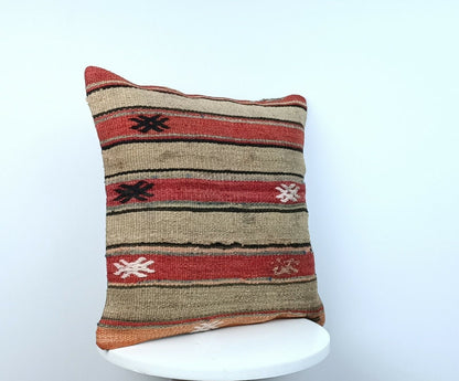 Kilim Pillow Cover 16x16 Handmade Vintage Wool Lumbar Tribal Ethnic Cushion E159