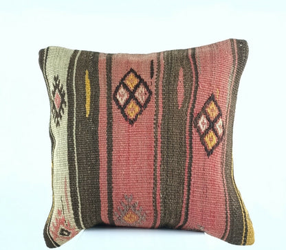 Kilim Pillow Cover 16x16 Turkish Traditional Handmade Lumbar Cushion Case A419