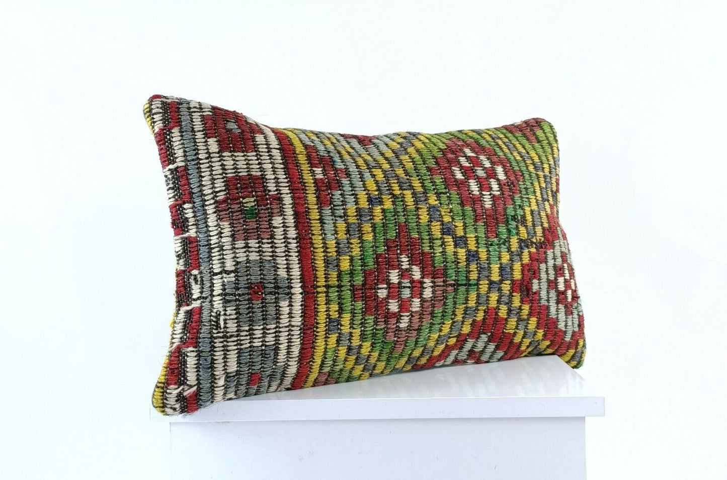 Kilim Pillow Cover 12x20 Handmade Turkish Rug Boho Ethnic Lumbar Cushion E1089