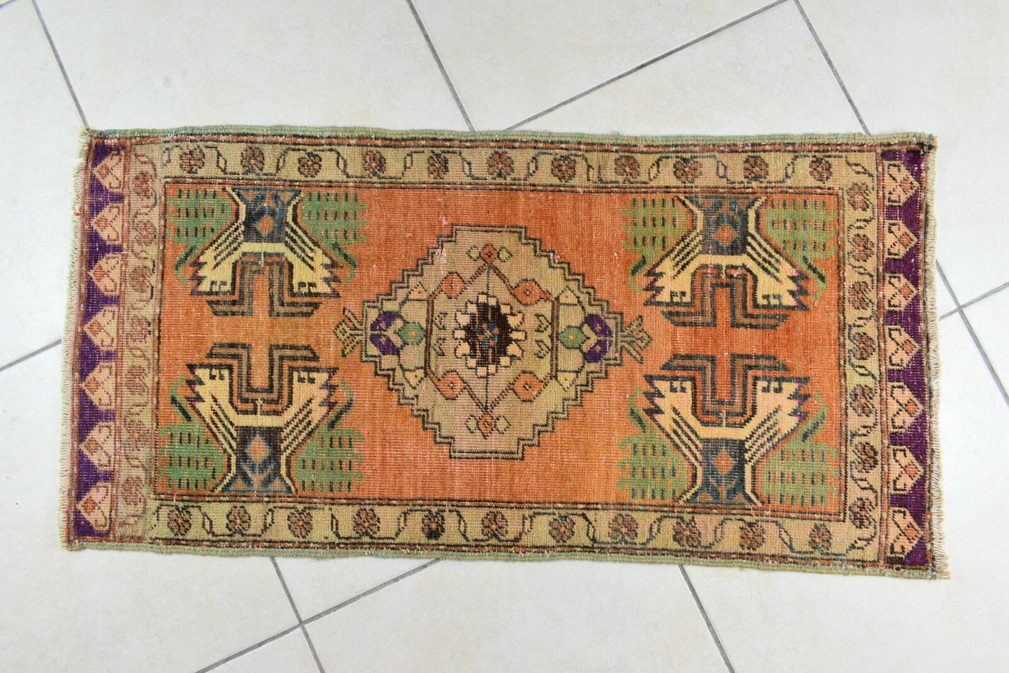Turkish Runner 3.3x1.6 ft Vintage Small Rug Oushak Runner Anatolian Mini Rug Y65