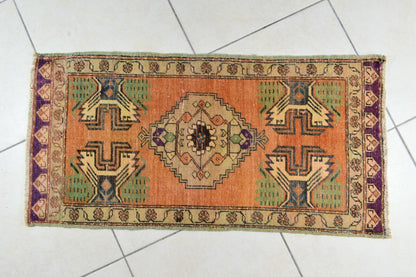 Turkish Runner 3.3x1.6 ft Vintage Small Rug Oushak Runner Anatolian Mini Rug Y65