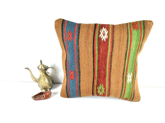 Kilim Pillow Cover 16x16 Decorative Vintage Handmade Bohemian Cushion A1639