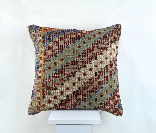 Kilim Pillow Cover 18x18 Handmade Turkish Ethnic Vintage Lumbar Cushion A1399