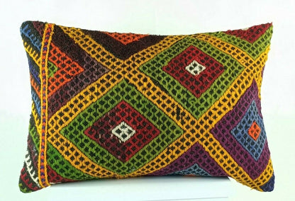 Oriental Ottoman Lumbar Pillow Cover 16x24 Handknotted Turkish Rug Cushion E1253