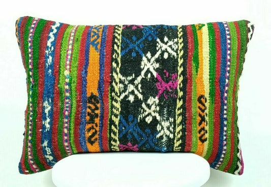 Handmade Kilim Pillow Cover 16x24 Vintage Rug Tribal Ethnic Bohemian Lumbar E465