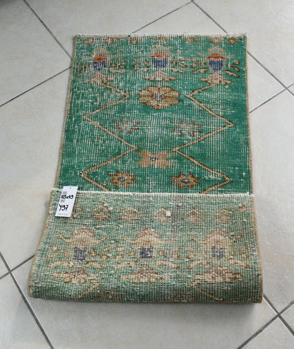 Vintage Runner 3.3x1.6 ft Mini Turkish Rug Oushak Runner Anatolian Runner Y97