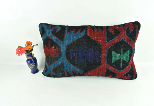 Kilim Pillow Cover 12x20 Turkish Handmade Vintage Couch Lumbar Cushion  A1836