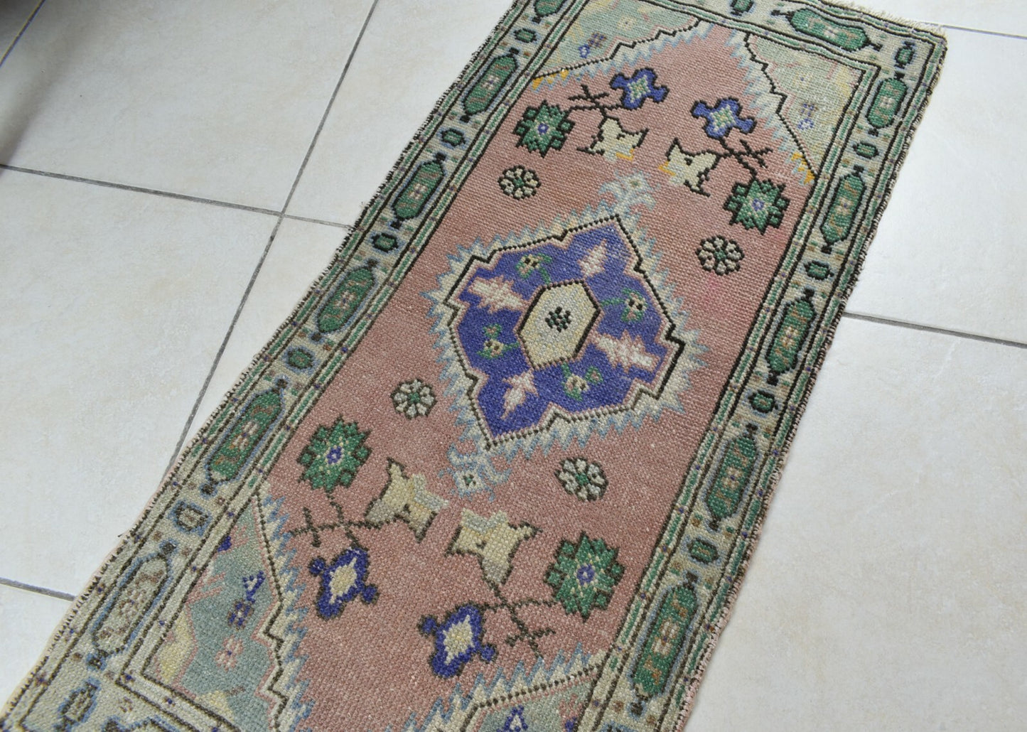 Turkish Runner 3.6x1.6 ft Vintage Small Rug Oushak Runner Anatolian Mini Rug Y68