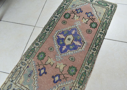 Turkish Runner 3.6x1.6 ft Vintage Small Rug Oushak Runner Anatolian Mini Rug Y68