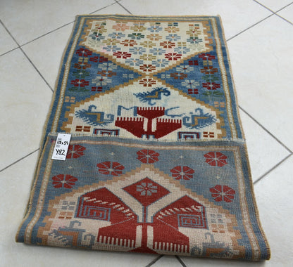 3.8x1.7 ft Anatolian Runner Small Vintage Rug Oushak Runner Mini Turkish Rug Y82