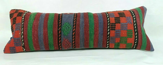 Kilim Pillow Cover 12x36 Handknotted Turkish Tribal Ethnic Lumbar Cushion E695