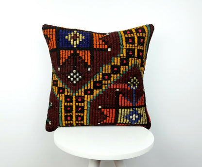 16x16 Handmade Kilim Rug Pillow Cover Vintage Boho Ethnic Lumbar Cushion E225