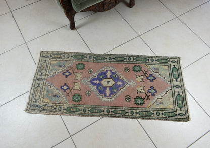 Turkish Runner 3.6x1.6 ft Vintage Small Rug Oushak Runner Anatolian Mini Rug Y68