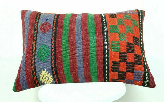 Handmade Kilim Pillow Cover 16x24 Vintage Rug Tribal Ethnic Bohemian Lumbar E469