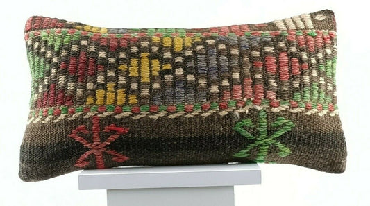 Kilim Pillow Cover 8x16 in Handmade Turkish Traditional Ottoman Boho Lumbar E726