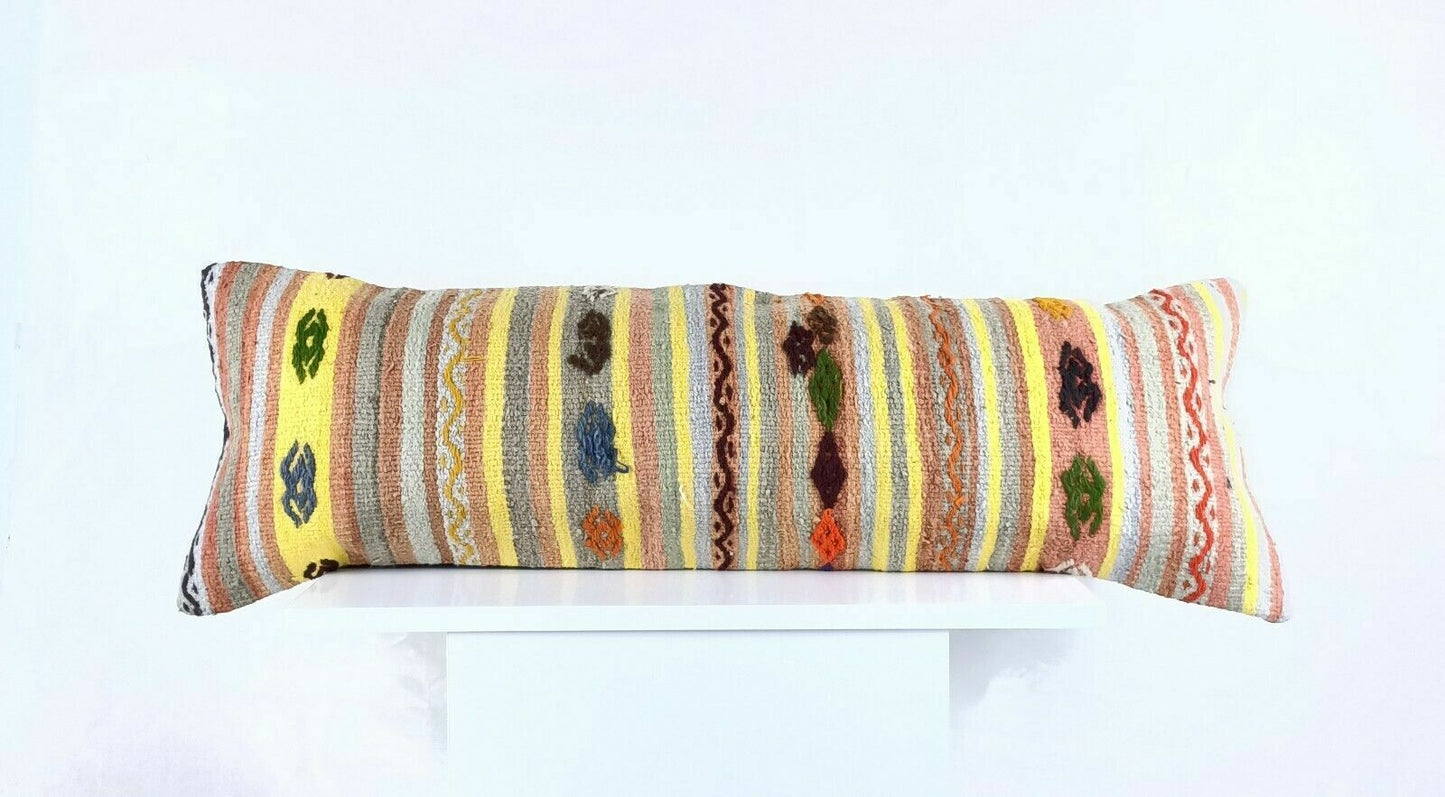 Kilim Lumbar Pillow 12x36 Handmade Oushak Rug Wool Long Throw Cushion Cover A648