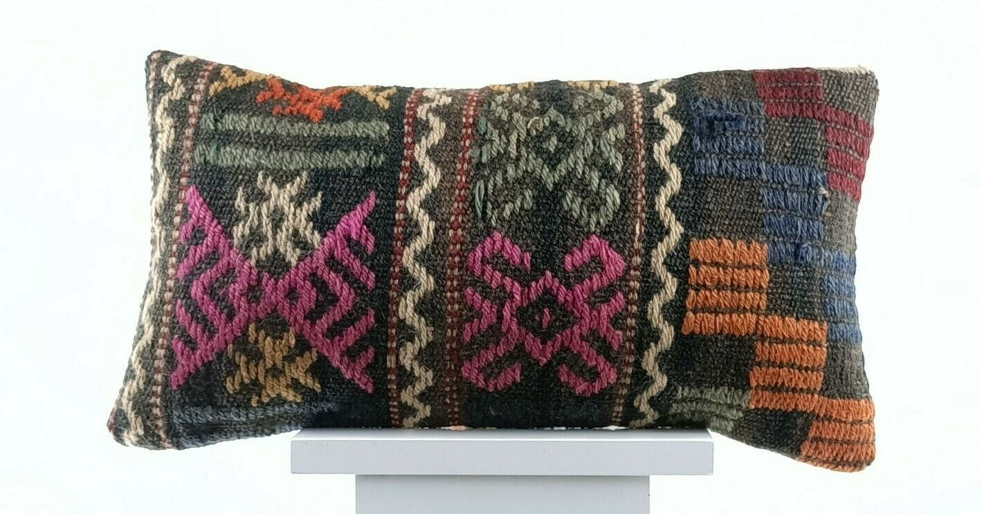 8"x16" Kilim Pillow Cover Handwoven Turkish Rug Traditional Oriental Lumbar E738