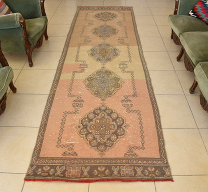 Vintage Oushak Rug 3.3 x 11.4 ft Handwoven Traditional Long Carpet Runner C42