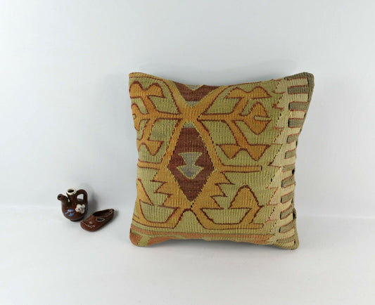 Kilim Pillow Cover 16x16 Decorative Vintage Oushak Kilim Cushion Cover A3089