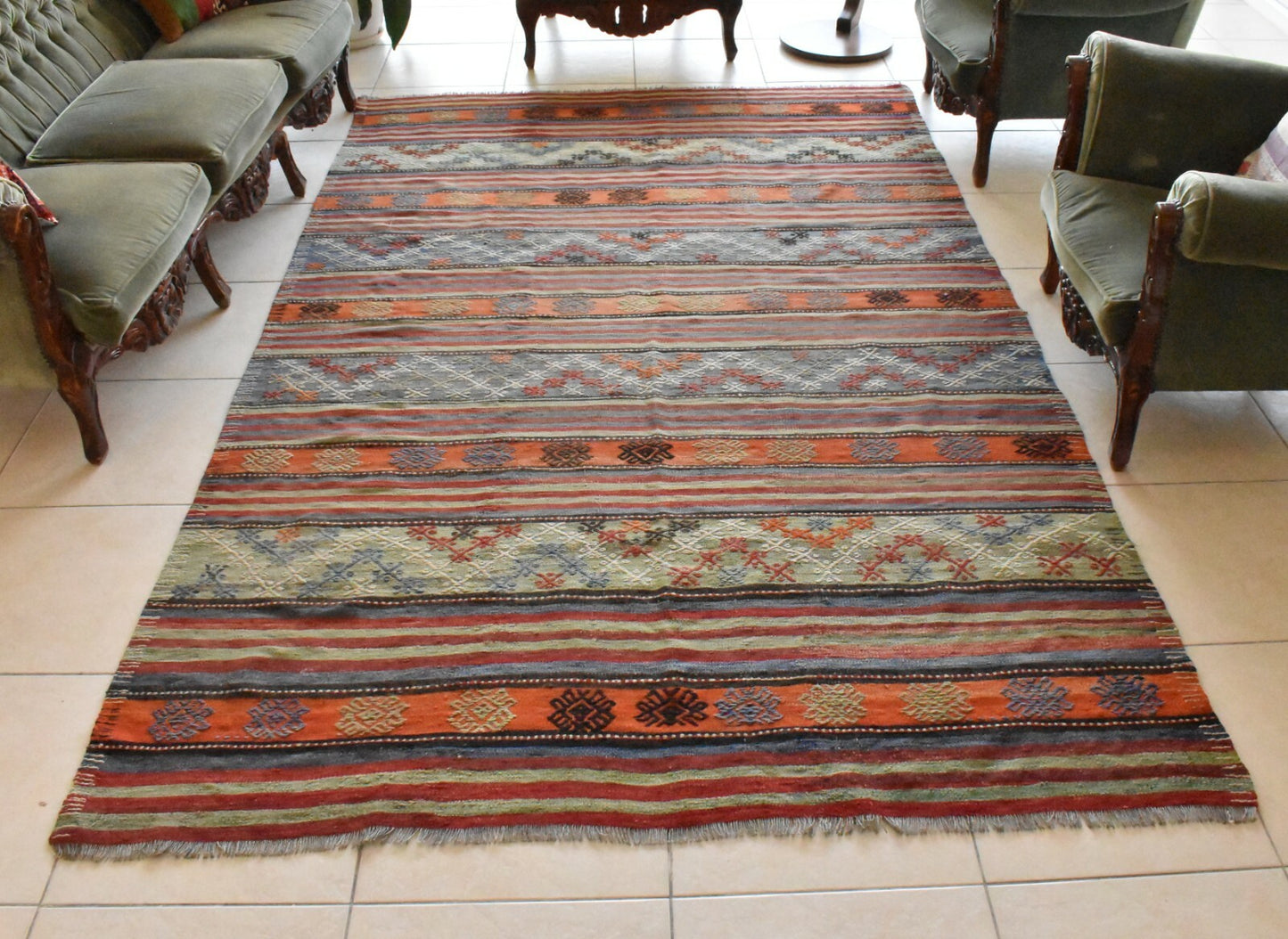 Handmade Kilim  5.7 x 9.1 ft  Vintage Traditional Striped Orange Area Rug C24