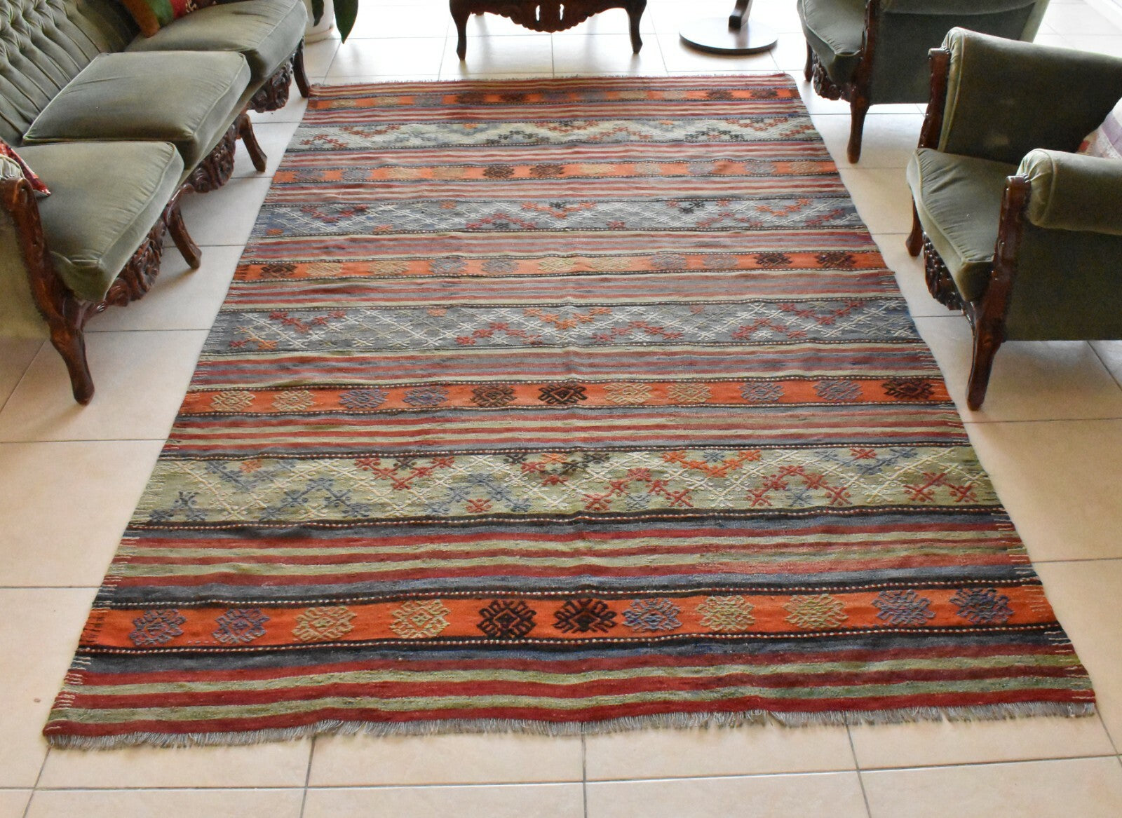Handmade Kilim  5.7 x 9.1 ft  Vintage Traditional Striped Orange Area Rug C24