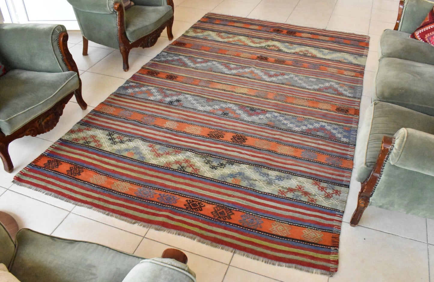 Handmade Kilim  5.7 x 9.1 ft  Vintage Traditional Striped Orange Area Rug C24