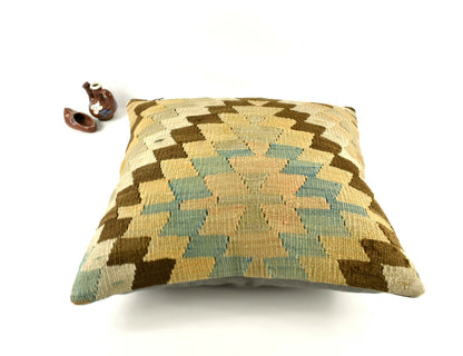 18x18 Kilim Pillow Cover Handknotten Vintage Pillow Oushak Kilim Pillow  A2853