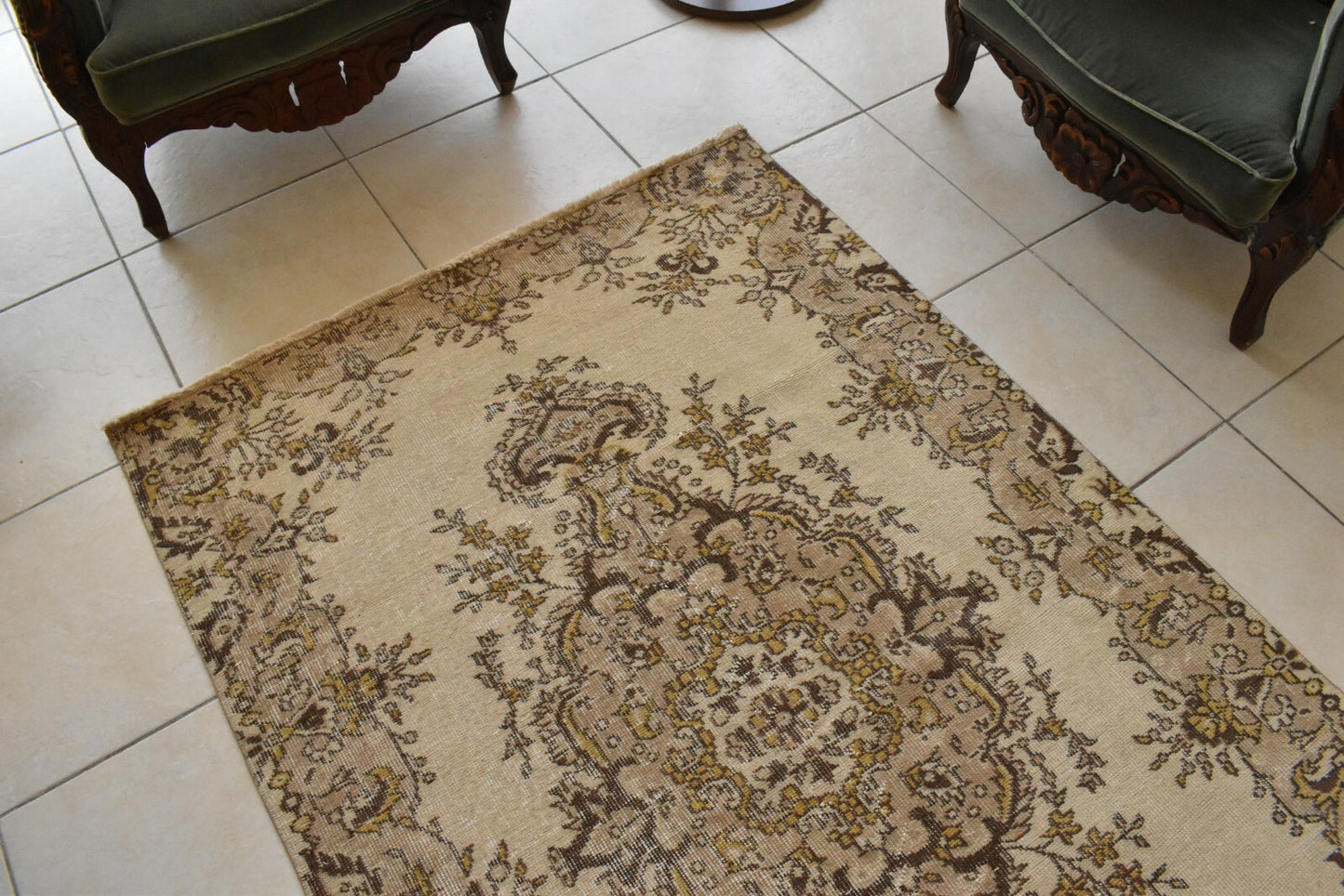 Handmade Vintage Oushak Runner 3.9 x 6.3 ft  Accent Beige Pastel Area Rug C23