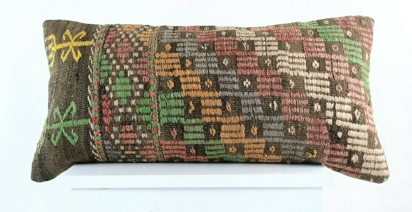 Kilim Lumbar Pillow Cover 12"x24" Handmade Oushak Traditional Ethnic Boho E914