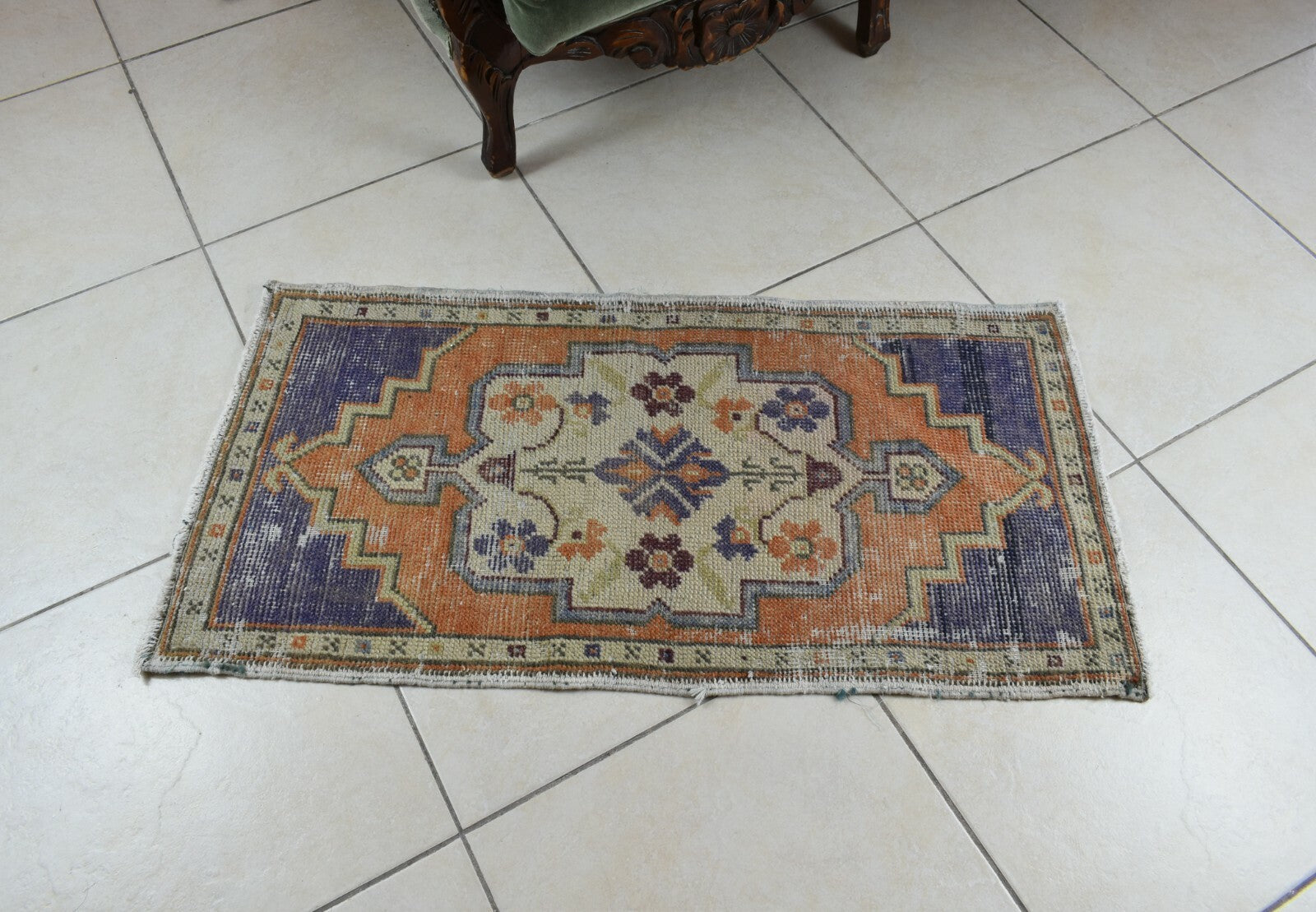 Turkish Runner 3.2x1.6 ft Vintage Small Rug Oushak Runner Anatolian Mini Rug Y70