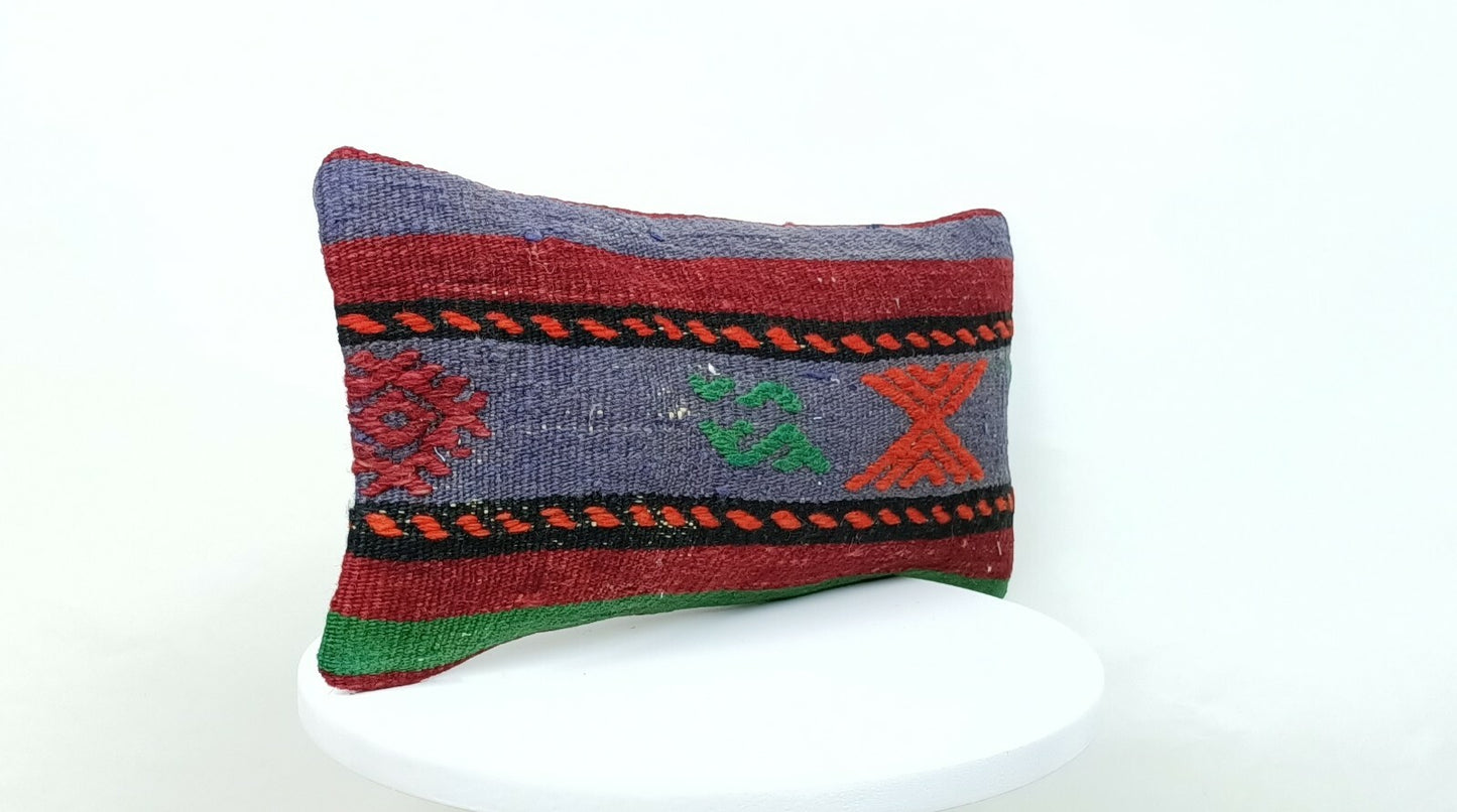 Turkish Kilim Pillow Cover 8"x16" Handknotted Vintage Tribal Lumbar Cushion E387