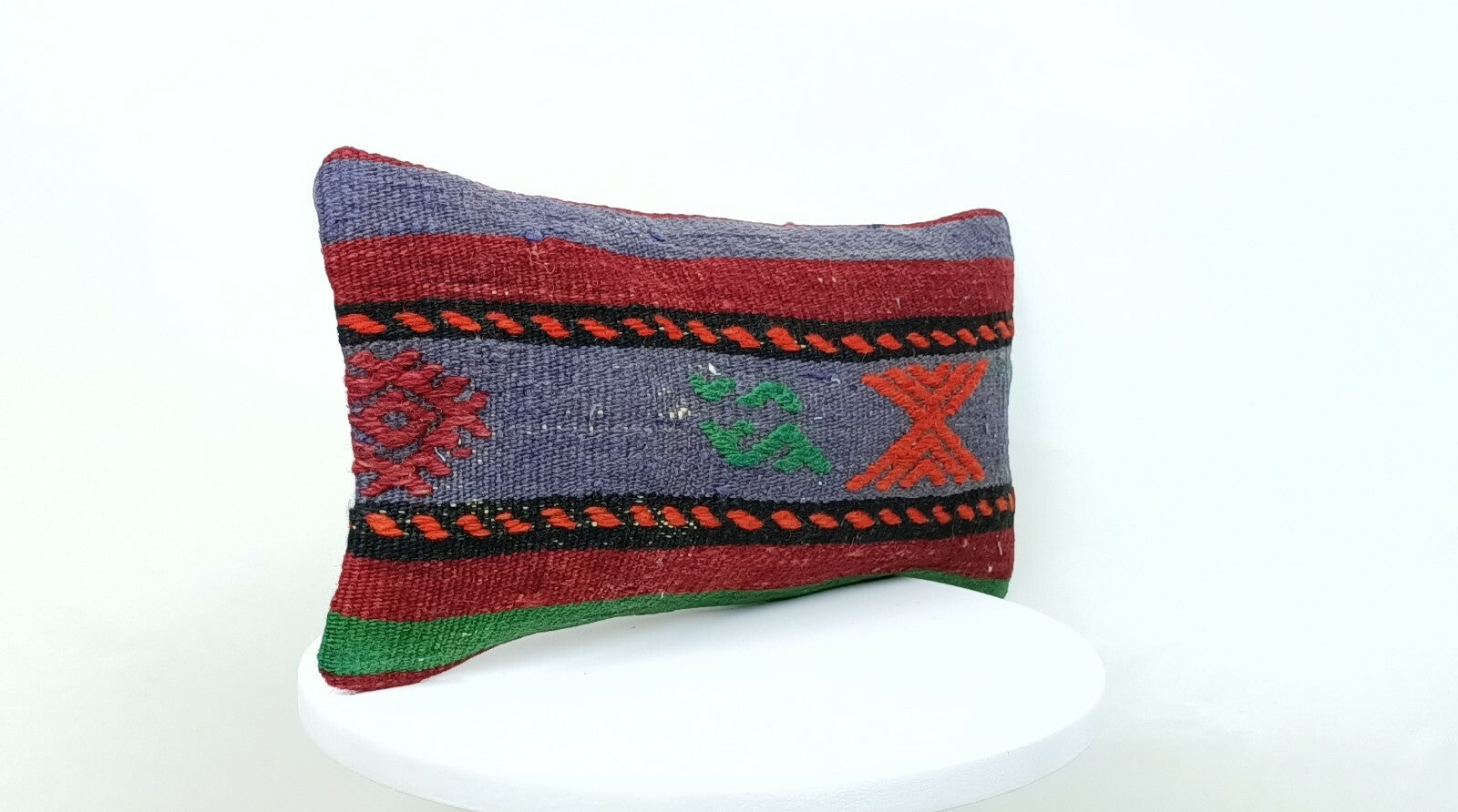 Turkish Kilim Pillow Cover 8"x16" Handknotted Vintage Tribal Lumbar Cushion E387