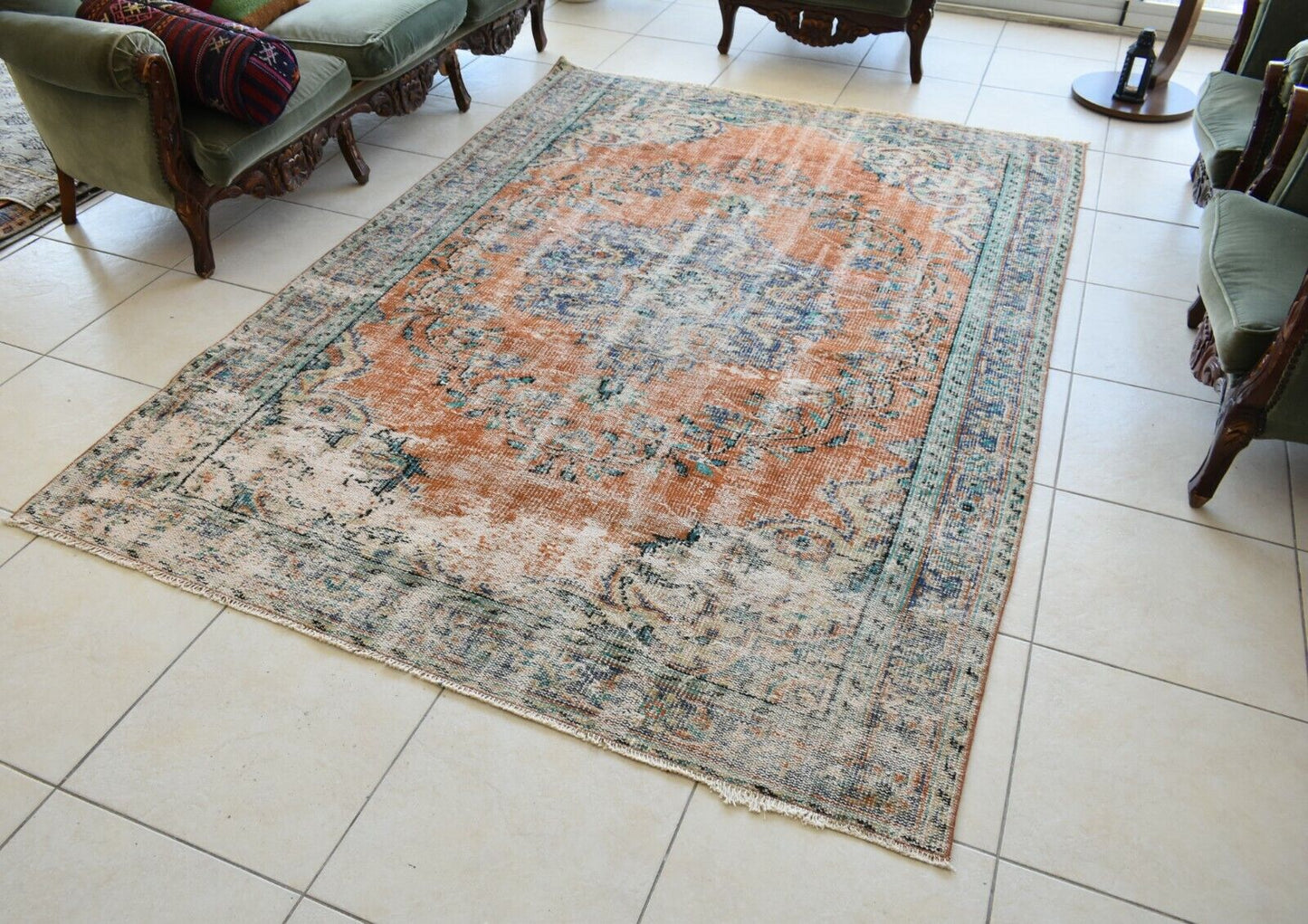 Large Turkish Rug 8.4x5.6 ft Vintage Rug Faded Oushak Rug Living Room Carpet B16