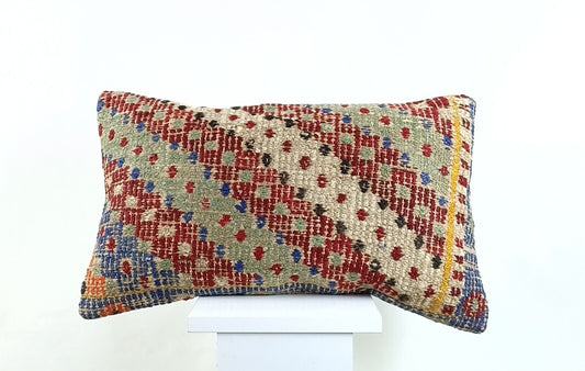 Kilim Pillow Cover 12x20 Handmade Turkish Rug Boho Ethnic Lumbar Cushion 2579