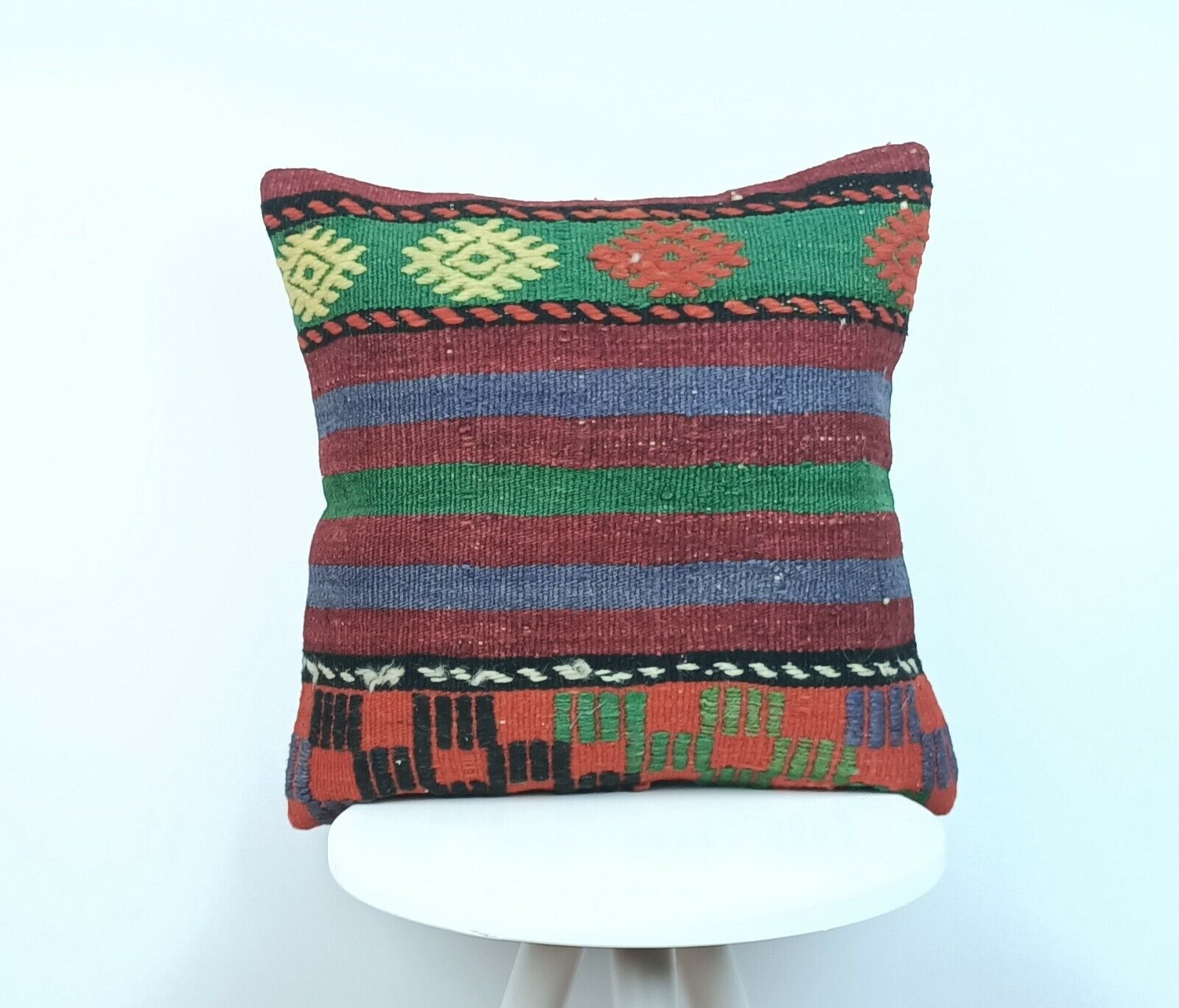 Handmade Turkish Kilim Pillow Cover 16x16 Vintage Rug Tribal Lumbar Cushion E193