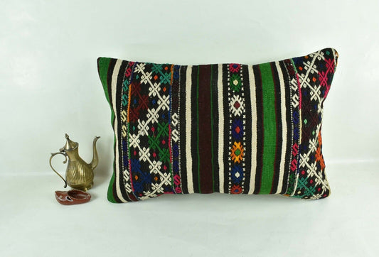 Kilim Pillow Cover 16x24 Tribal Vintage Turkish Carpet Lumbar Pillow Cover 3098