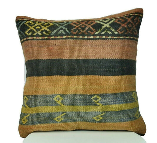 Kilim Cushion Case 16x16 Vintage Tribal Decorative Turkish  Pillow Cover E213