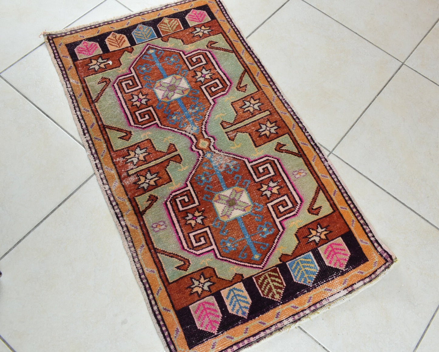 Turkish Runner 3.3x1.8 ft Vintage Small Rug Oushak Runner Anatolian Mini Rug Y62
