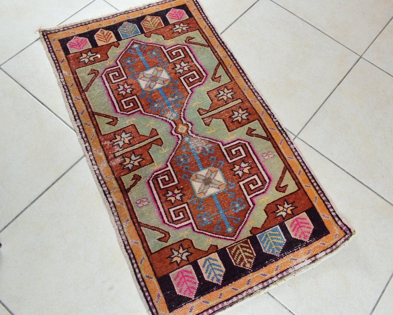 Turkish Runner 3.3x1.8 ft Vintage Small Rug Oushak Runner Anatolian Mini Rug Y62