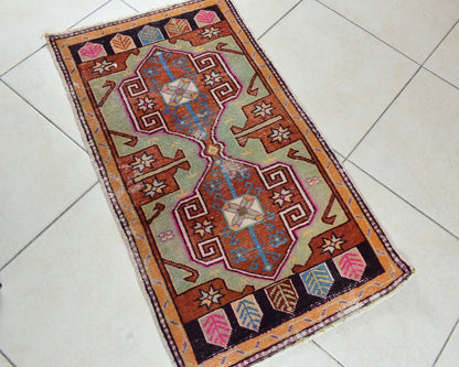 Turkish Runner 3.3x1.8 ft Vintage Small Rug Oushak Runner Anatolian Mini Rug Y62