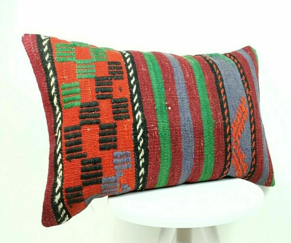 Handmade Kilim Pillow Cover 16x24 Vintage Rug Tribal Ethnic Bohemian Lumbar E478